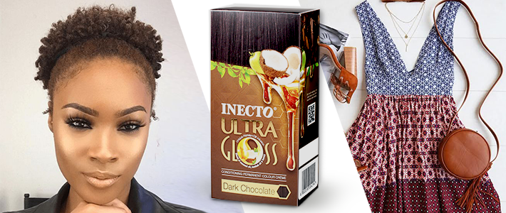 Spice up your natural curls with ultra gloss dark chocolate and combine the look with a mix of colour dress.